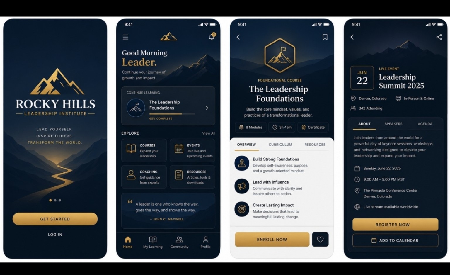 Approved Rocky Hills mobile app interface showing welcome, learning dashboard, course and event screens