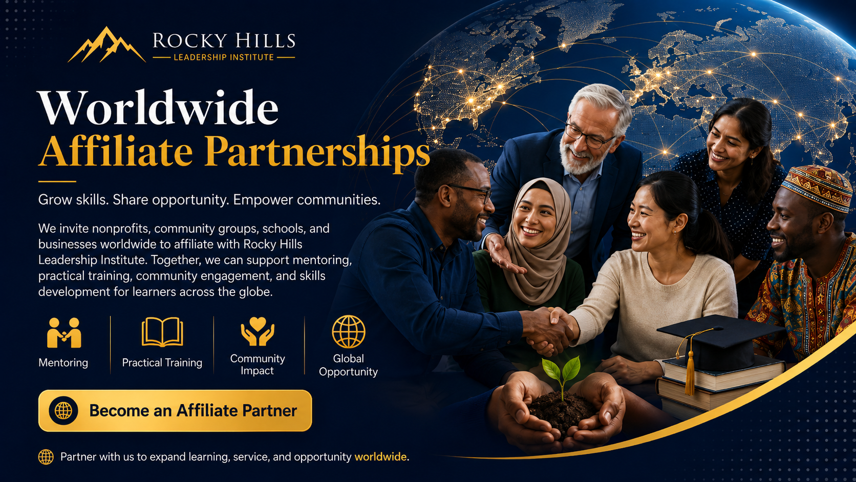 Worldwide affiliate partnerships supporting mentoring, practical training, community impact, and global opportunity